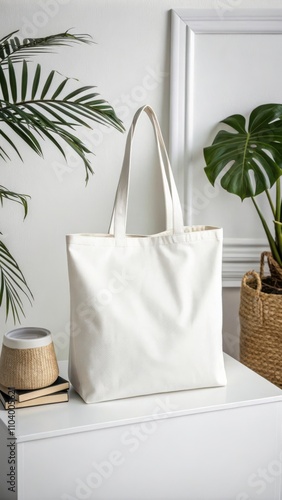 Mock-up of a Pure White Tote Bag Displayed on a Clean White Background With Greenery Accents. Generative AI photo