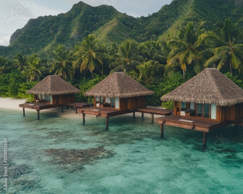 Tranquil Tropical Escape Serene Overwater Bungalows Amid Lush Greenery on Cloudy Day