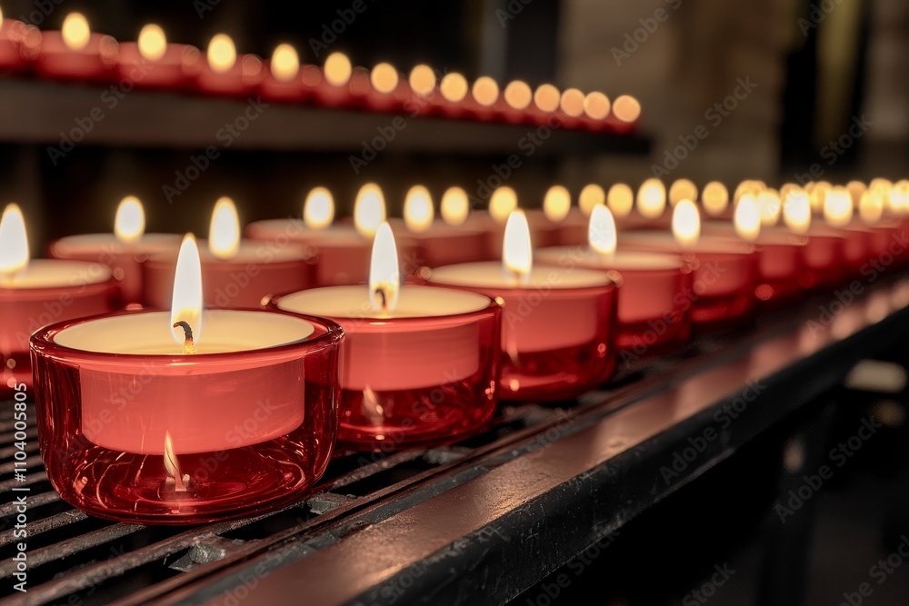 Tranquil Votive Candle Serenity Close-Up of Burning Candles on Metal Rack in Candlelit Church Interior Spiritual Meditation Concept Tranquil Votive Candle Serenity Close-Up of Burning Candles on Metal Rack in Candlelit Church Interior Spiritual Meditation Concept