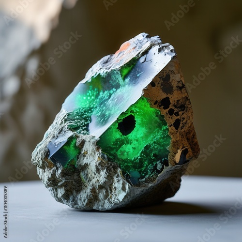 Natural Uranium Rock Specimen with Ethereal Green Interior Glow photo