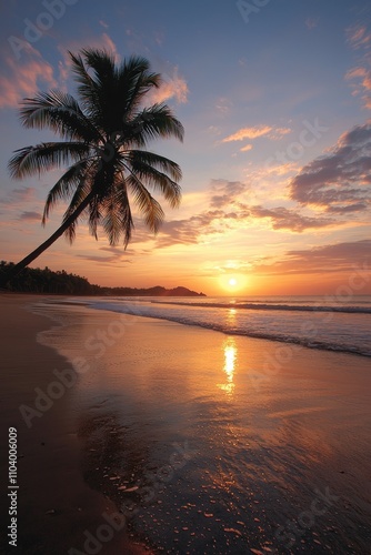 Tropical Sunset Serenity Silhouetted Palm Tree and Golden Horizon at Dusk on Tranquil Beach