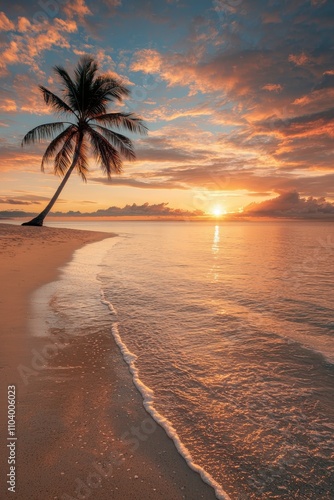 Tropical Sunset Serenity Silhouetted Palm Tree on Beach at Dusk, Tranquil Ocean Horizon. Peaceful, Romantic Vacation Scene for Travel Brochures and Calendars
