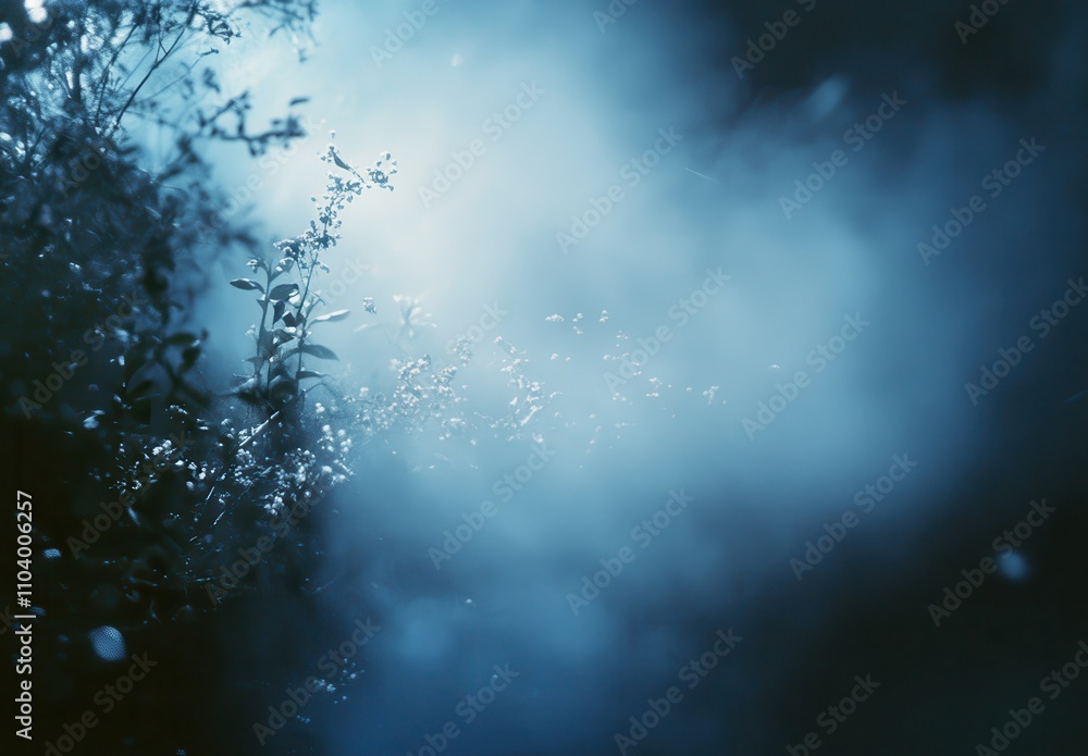 Ethereal Blue Mist Surrounds Delicate Greenery with Soft Light, Creating a Dreamlike Atmosphere in a Tranquil Forest Setting Ethereal Blue Mist Surrounds Delicate Greenery with Soft Light, Creating a Dreamlike Atmosphere in a Tranquil Forest Setting