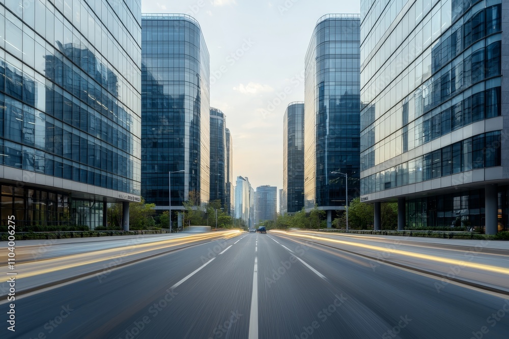 Urban Symphony Tranquil Cityscape with Reflective Buildings and Vanishing Road, Modern Corporate District Under Soft Evening Light Architectural Photography Urban Symphony Tranquil Cityscape with Reflective Buildings and Vanishing Road, Modern Corporate District Under Soft Evening Light Architectural Photography