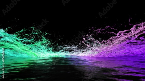 Jagged neon waves of electric green, violet, and turquoise crash and ripple across a glossy black surface, creating a chaotic storm-like effect. The vibrant energy evokes a futuristic digital landscap photo