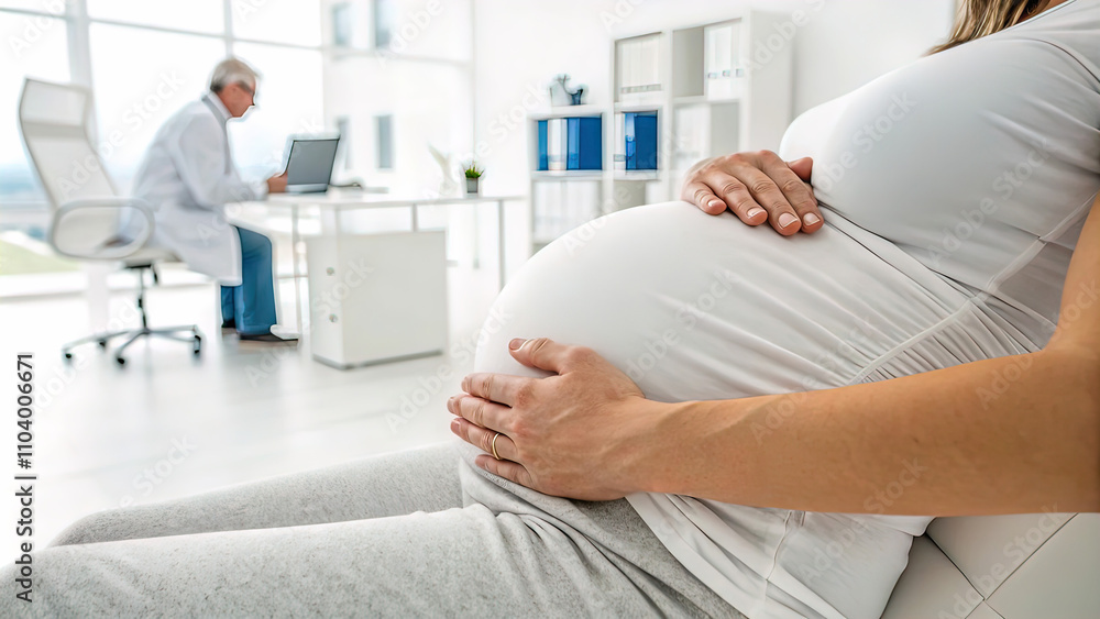 doctor's hands on the belly of a pregnant patient, against the background of a white medical office doctor's hands on the belly of a pregnant patient, against the background of a white medical office