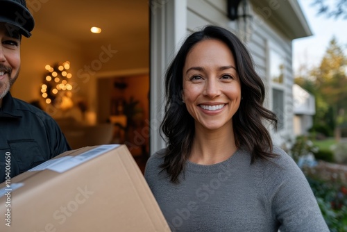 A cheerful woman receives a delivery package at her doorstep, embodying the joy of online shopping and the comfort of home in a pleasant neighborhood. photo