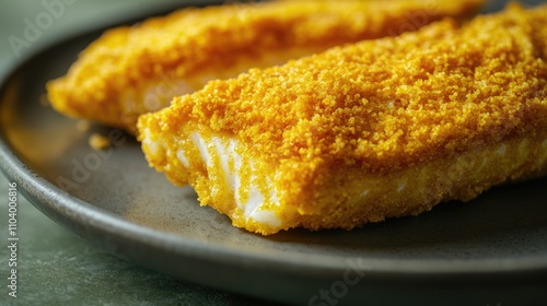 Two pieces of breaded fish served on a plate, ready for eating photo