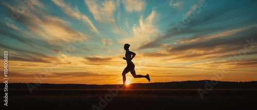Vibrant Sunset Silhouette of Runner in Motion Dramatic Nature Sports Photography for Fitness and Motivation