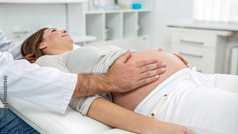 Obraz premium doctor's hands on the belly of a pregnant patient, against the background of a white medical office