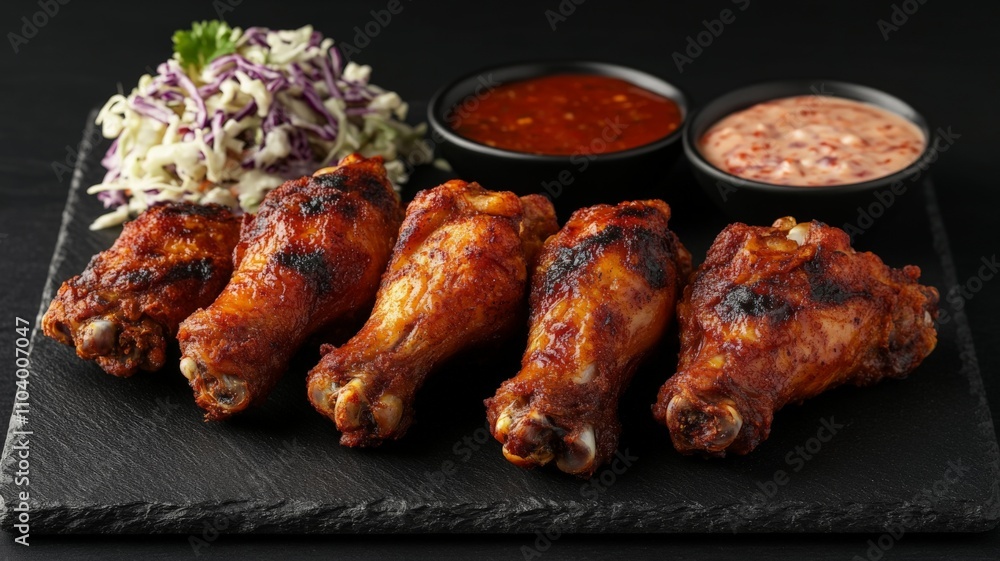fried chicken wings and drumsticks arranged on a black slate platter fried chicken wings and drumsticks arranged on a black slate platter