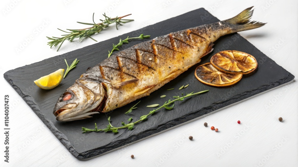 Whole Grilled Fish Served on a Black Slate With Aromatic Herbs and Lemon Slices. Generative AI Whole Grilled Fish Served on a Black Slate With Aromatic Herbs and Lemon Slices. Generative AI