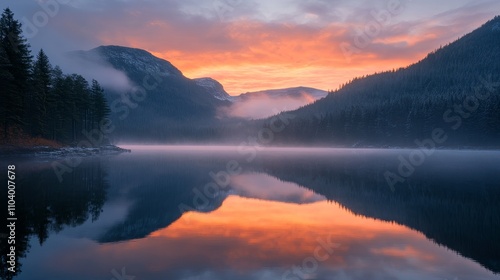 Serene lake at dawn, reflecting mountains and colorful sky, surrounded by misty forests.