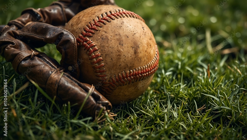 A baseball and glove on lush grass, emphasizing texture. A baseball and glove on lush grass, emphasizing texture.