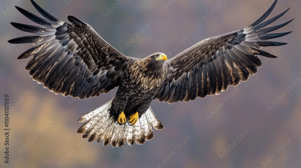 Naklejka premium A majestic eagle soaring gracefully against a blurred natural background.