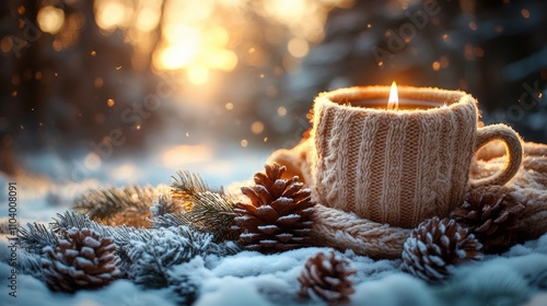 A cozy scene featuring a candlelit mug surrounded by pine cones and snow, evoking warmth. photo