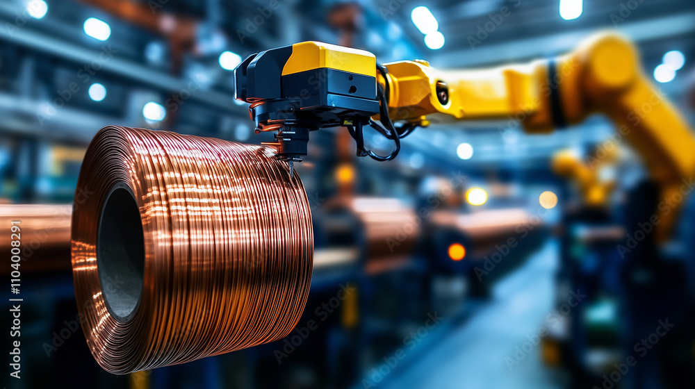 Obraz premium A robotic arm precisely handles a roll of copper wire, with other rolls visible in the background of an automated production facility.