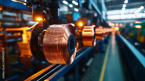 The dynamic contrast of copper wire rolls against a backdrop of industrial machinery highlights the precision of modern production techniques.