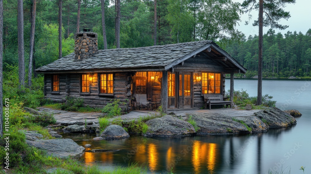 A cozy log cabin by a serene lake, surrounded by trees, with warm lights glowing inside. A cozy log cabin by a serene lake, surrounded by trees, with warm lights glowing inside.
