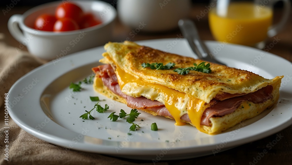 A beautifully folded ham and cheese omelet in a white dish. A beautifully folded ham and cheese omelet in a white dish.