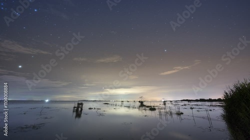 Time laps of star at night time above mountain reflect on water