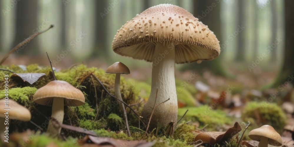 Fototapeta premium Magnificent Mushrooms in a Mystical Forest: A Close-Up View of Fungi Growing on Mossy Forest Floor