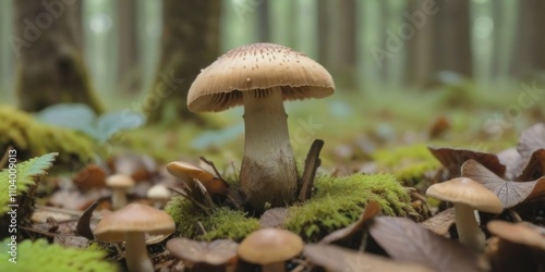 Wallpaper Mural Enchanted Forest Fungi: A Close-Up View of Mushrooms Growing Amongst Moss and Fallen Leaves in a Mystical Woodland Setting Torontodigital.ca