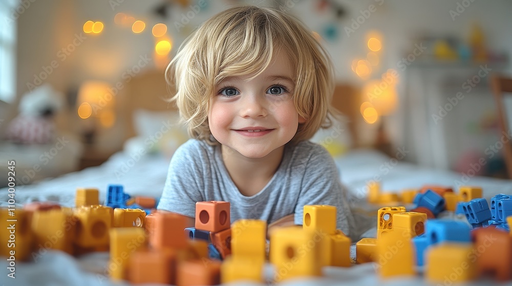 Happy boy looking through a toy, sitting on the bed at home Happy boy looking through a toy, sitting on the bed at home
