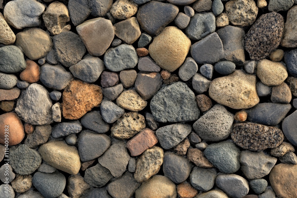 Beautiful Close-up of a Variety of Natural Pebbles and Stones Creating a Textured Mosaic Beautiful Close-up of a Variety of Natural Pebbles and Stones Creating a Textured Mosaic