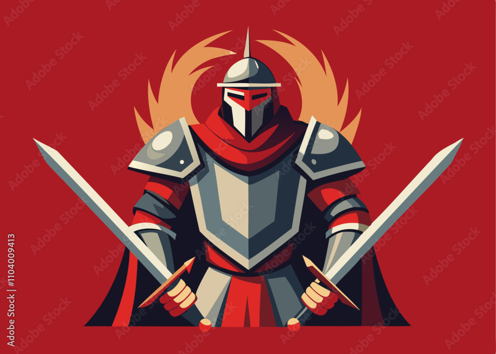 Obraz premium Knight in helmet emblem. Cartoon heraldic character with shield. Heraldry medieval armor and sword