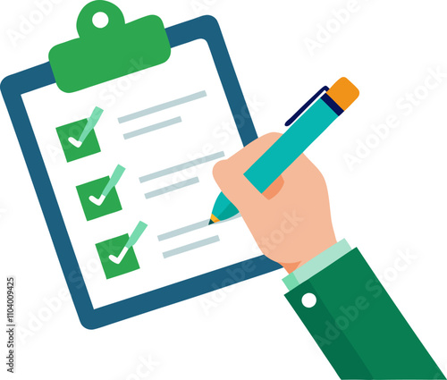 Paper clipboard, checklist form. Hand holding sheet with checklist. To-do document. Cartoon questionnaire document