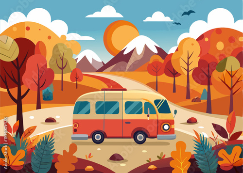 Car family road trip. Autumn landscape. Outdoor season. Cartoon bus on nature, tourism lifestyle
