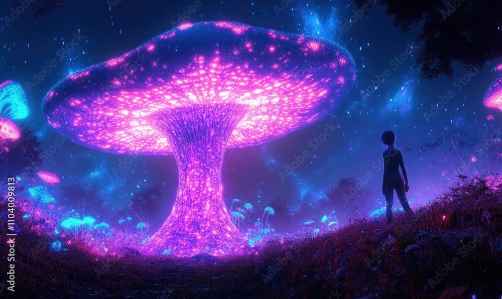 Enchanted Night: Child and Glowing Mushroom Forest Enchanted Night: Child and Glowing Mushroom Forest
