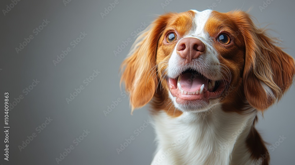 Brittany Spaniel dog panting and sitting on a white background, showing its joyful nature Brittany Spaniel dog panting and sitting on a white background, showing its joyful nature