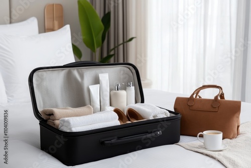 A neatly packed suitcase filled with travel essentials like towels and toiletries, set against a cozy hotel backdrop, illustrating comfort and preparation for a getaway. photo