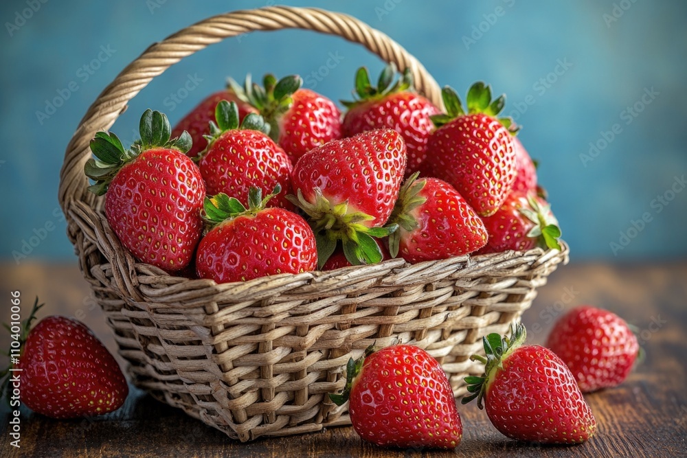 A basket filled with fresh strawberries sits on a table, perfect for snacking or decorating A basket filled with fresh strawberries sits on a table, perfect for snacking or decorating