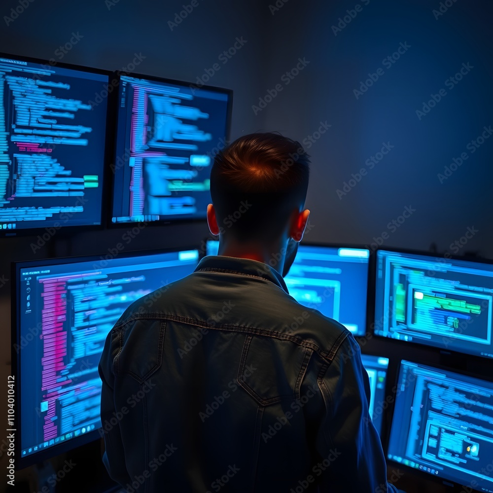 Software Developer Working Late Night on Multiple Computer Screens created with generative AI Software Developer Working Late Night on Multiple Computer Screens created with generative AI