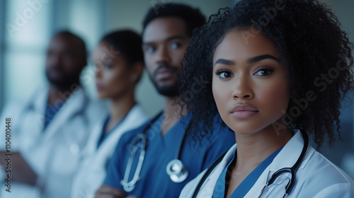 A team of nurses listens attentively as a healthcare executive outlines professional development opportunities during a performance review meeting.