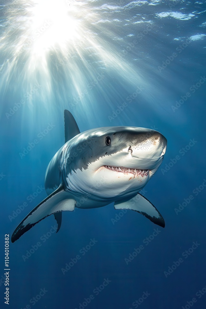 Fototapeta premium Majestic Great White Shark Swimming in Crystal Clear Ocean Waters with Sunlight Filtering Through the Surface, Showcasing Nature's Marine Beauty and Marine Wildlife