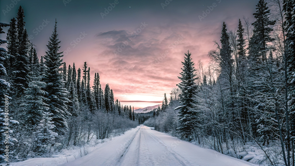 Fototapeta premium snowy forest, glowing pearlescent clouds, path with trees at sunset,