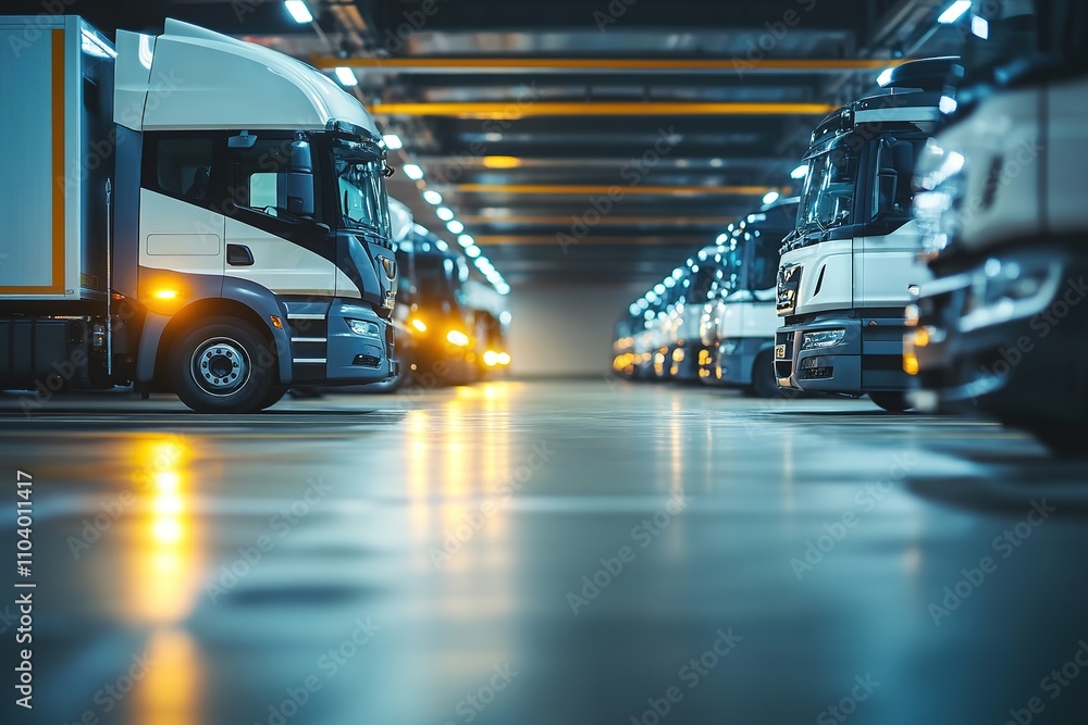 Row of trucks in illuminated freight terminal at night Row of trucks in illuminated freight terminal at night