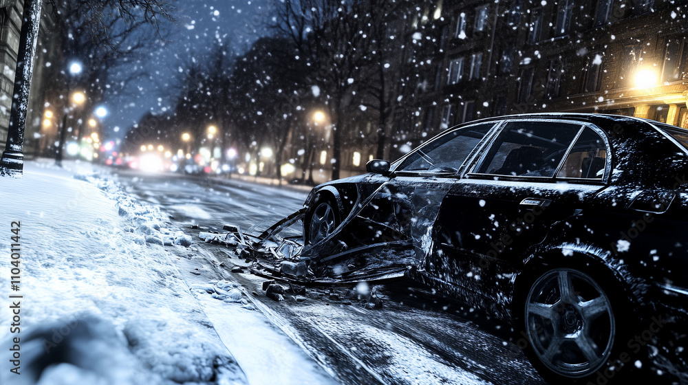 Naklejka premium A snowy street at night reveals a car with a shattered windshield, partially buried in fresh snow, with streetlights casting eerie shadows.