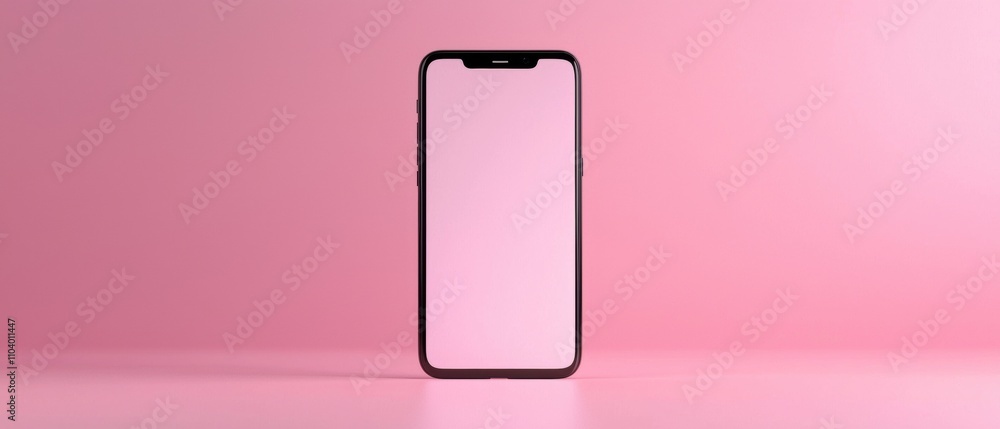 3D rendering of a smartphone with a blank screen on a pink background. The phone is positioned in the center of the image, with the front facing towards the left side of the frame. 3D rendering of a smartphone with a blank screen on a pink background. The phone is positioned in the center of the image, with the front facing towards the left side of the frame.