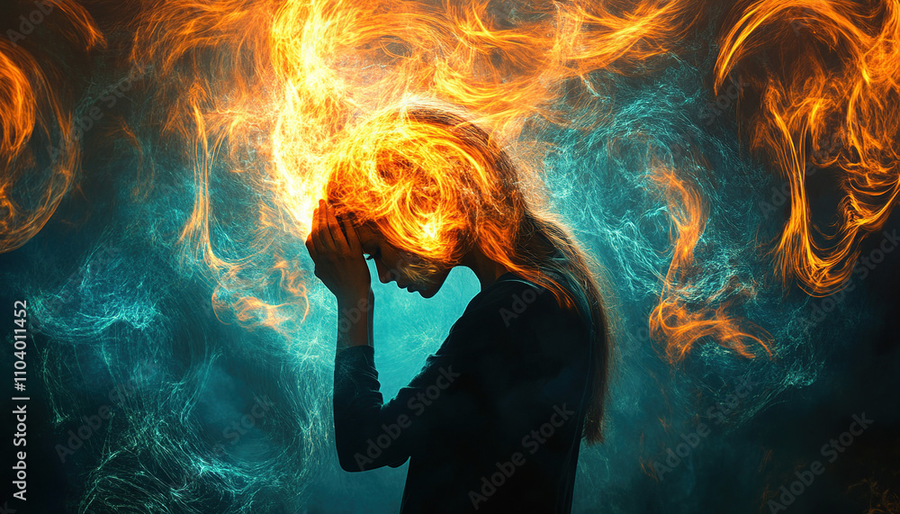 Woman surrounded by fiery emotions in abstract light Woman surrounded by fiery emotions in abstract light