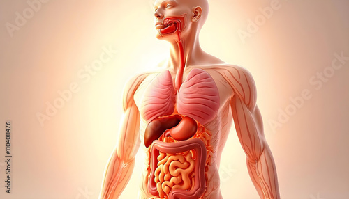 High-Resolution 3D Illustration of the Human Digestive System with Labeled Organs for Medical and Educational Use. Anatomy of human body photo