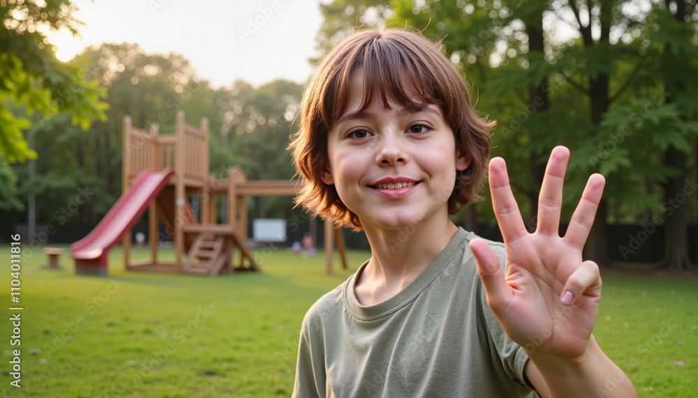 Child Showing Four Fingers in Front of Park Playground Child Showing Four Fingers in Front of Park Playground