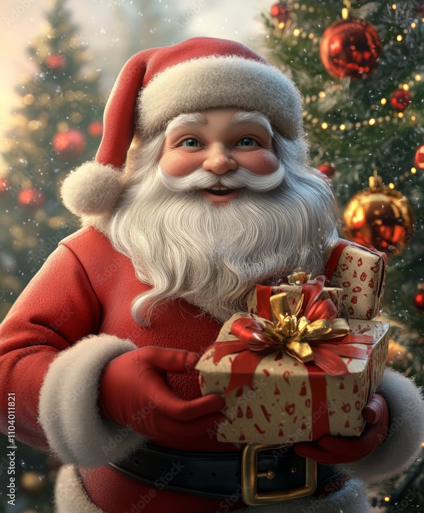 Santa Claus, with a warm smile, presents a beautifully wrapped gift beside a twinkling Christmas tree, embodying the spirit of joy and giving. Santa Claus, with a warm smile, presents a beautifully wrapped gift beside a twinkling Christmas tree, embodying the spirit of joy and giving.