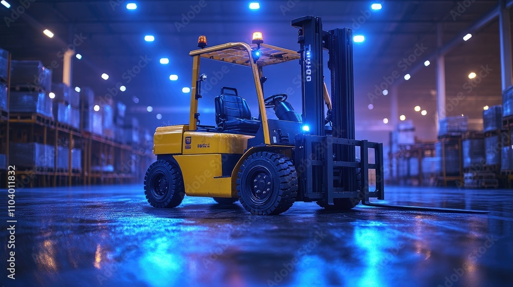 A yellow forklift in a warehouse, illuminated by blue lights, ready for lifting tasks. A yellow forklift in a warehouse, illuminated by blue lights, ready for lifting tasks.