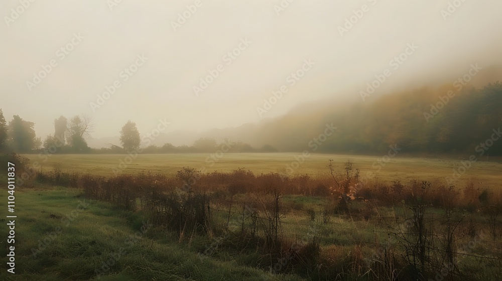 Fototapeta premium Misty Morning Field With Foggy Trees