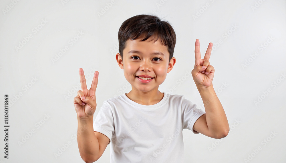 Smiling Boy Making Peace Signs in Studio with White Background Smiling Boy Making Peace Signs in Studio with White Background